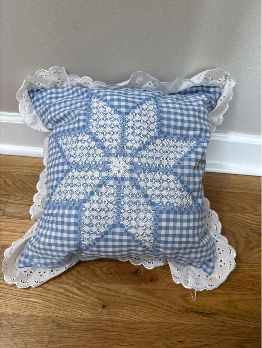 Vintage Handmade Blue & White Gingham Eyelet Throw pillow